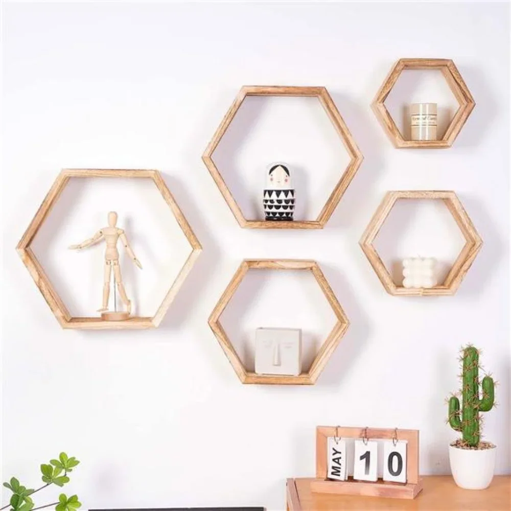 Wall Decor | Hexagon Floating Shelves Wall Mounted Wood Farmhouse ...